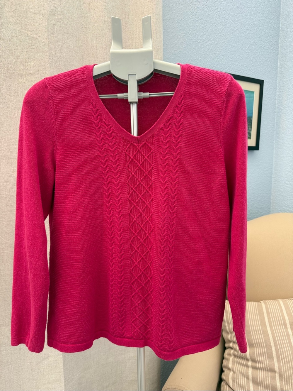 Talbots 100% Cotton V-Neck Cable Knit Sweater Hot Pink Size L